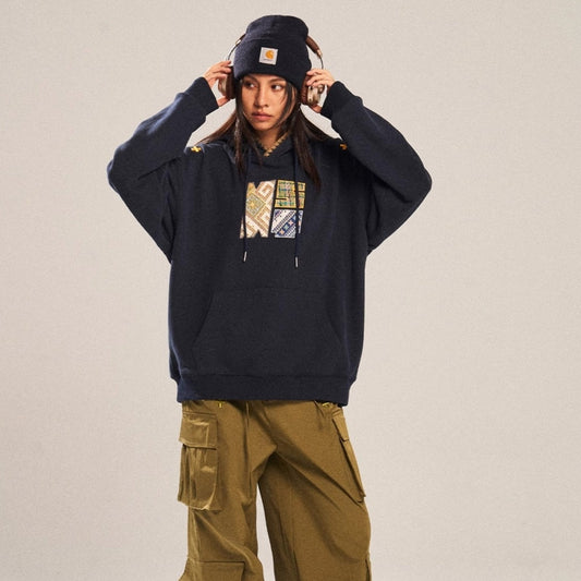 Retro Ethnic Style Woven Patch Versatile Loose Hooded Sweater